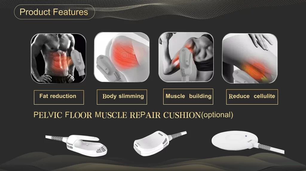 HIEMT machine features showing fat reduction, muscle building, cellulite reduction and optional pelvic floor repair cushion
