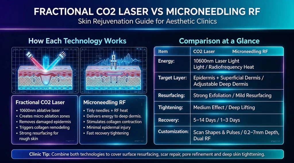 Comparison chart of fractional CO2 laser vs microneedling RF showing energy, target layer, and recovery for clinics