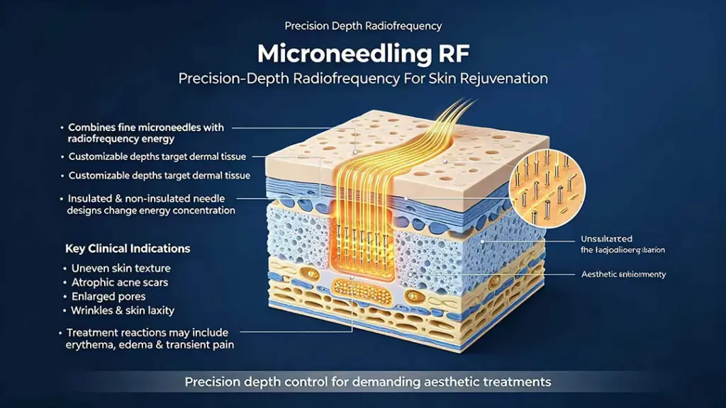 Diagram illustrating microneedling RF energy delivery at precise dermal depths for aesthetic skin treatments